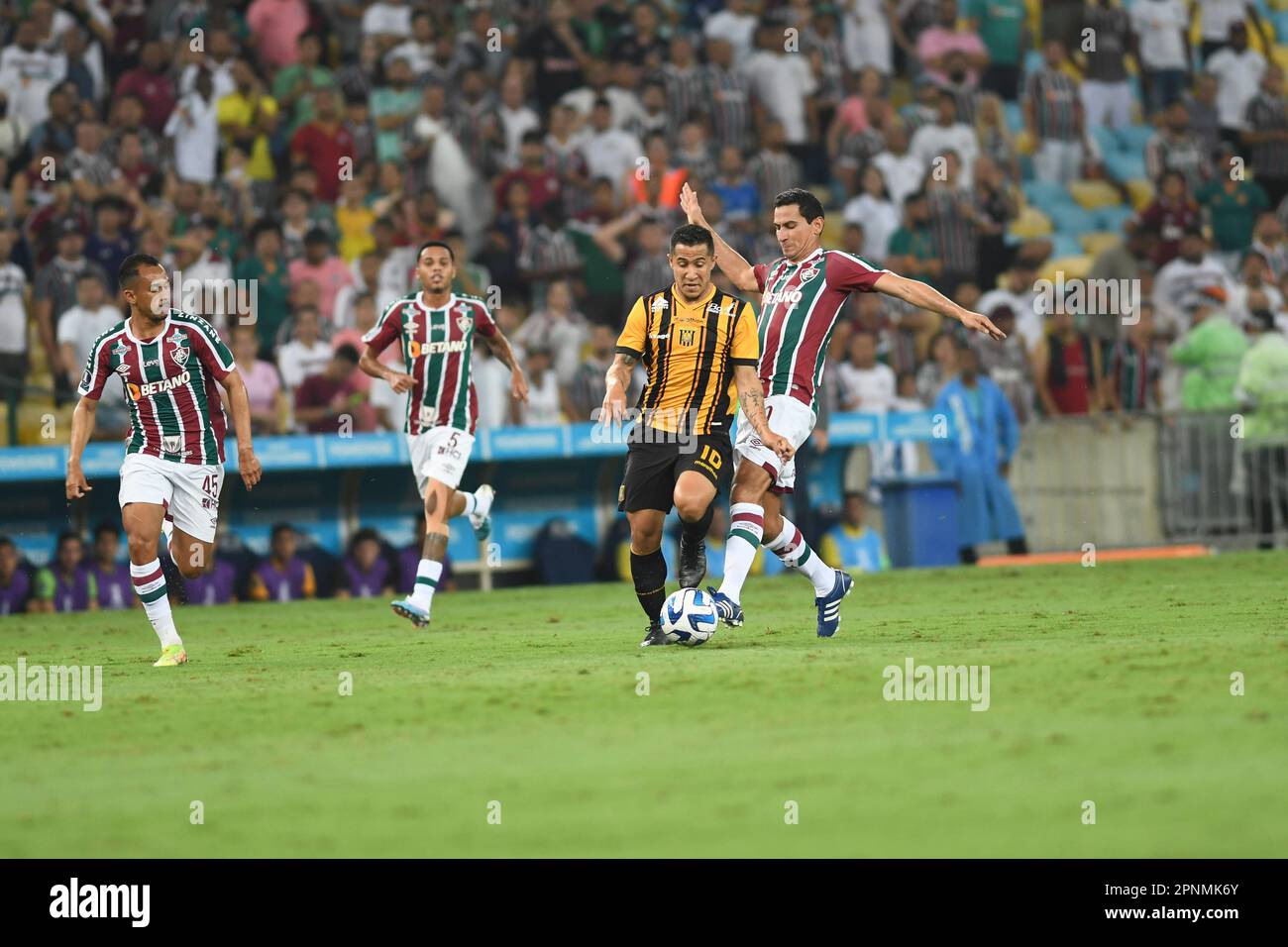 Rio, Brazil - april 18, 2023, Michael Ortega and Ganso player in match between Fluminense vs The Strongest by Libertadores Cup, group stage in Maracan Stock Photo