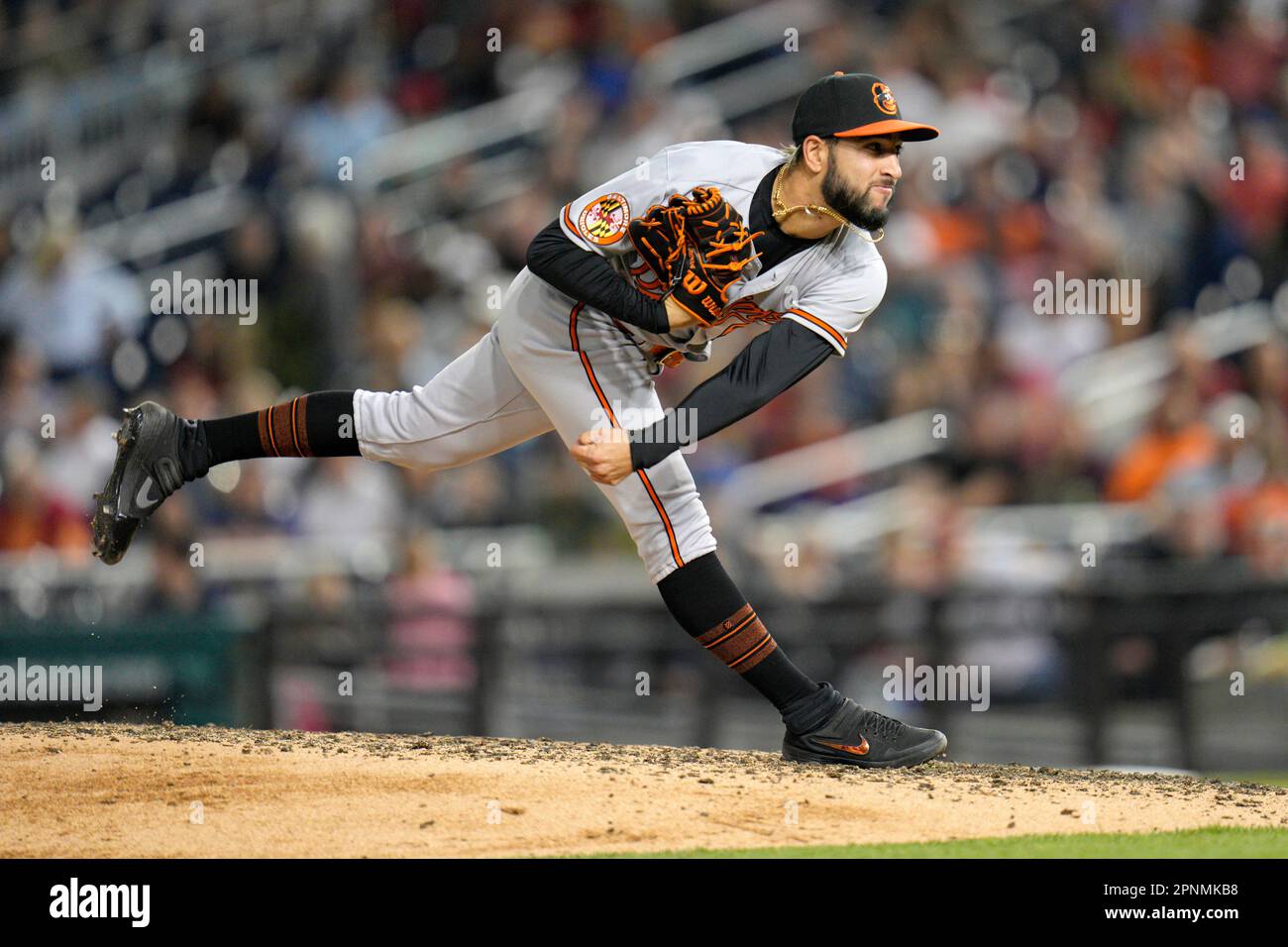 Baltimore Orioles relief pitcher Cionel Perez throws to the Washington