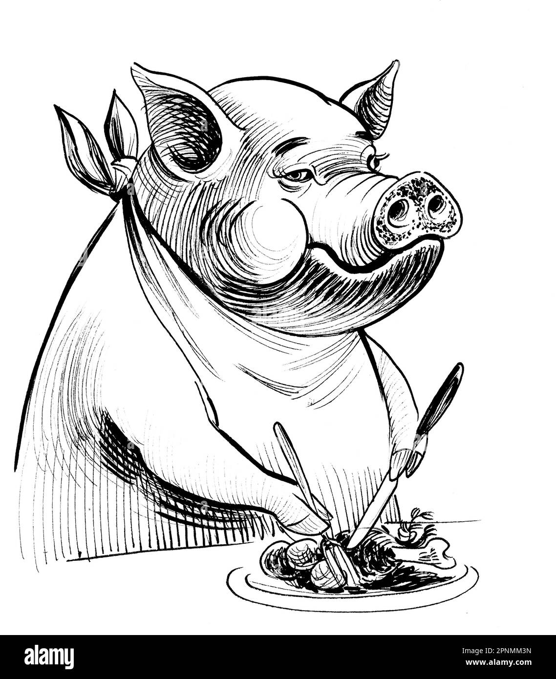 Happy pig eating meal with fork and knife. Ink black and white drawing
