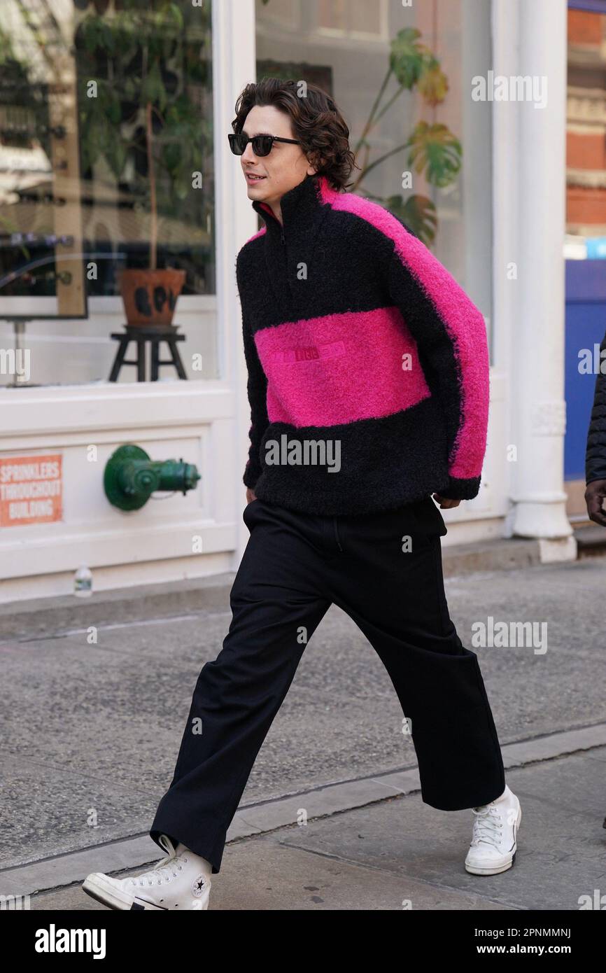 New York, NY, USA. 19th Apr, 2023. Timothee Chalamet, wearing Virgil  Abloh's pre-fall 2019 Louis Vuitton collection, out and about for Timothee  Chalamet Films Commercial (Possibly Bleu de Chanel Fragrance Advertisement),  New