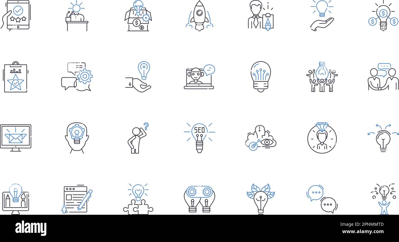 Thought development line icons collection. Ideation, Conceptualization, Rationalization, Analysis, Synthesis, Insight, Innovation vector and linear Stock Vector