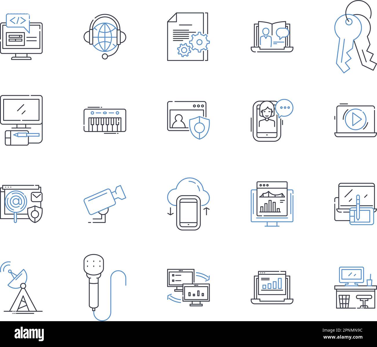Electronic compnts industry line icons collection. Silicon, Transistor, Capacitor, Resistor, Diode, Microchip, PCB vector and linear illustration Stock Vector