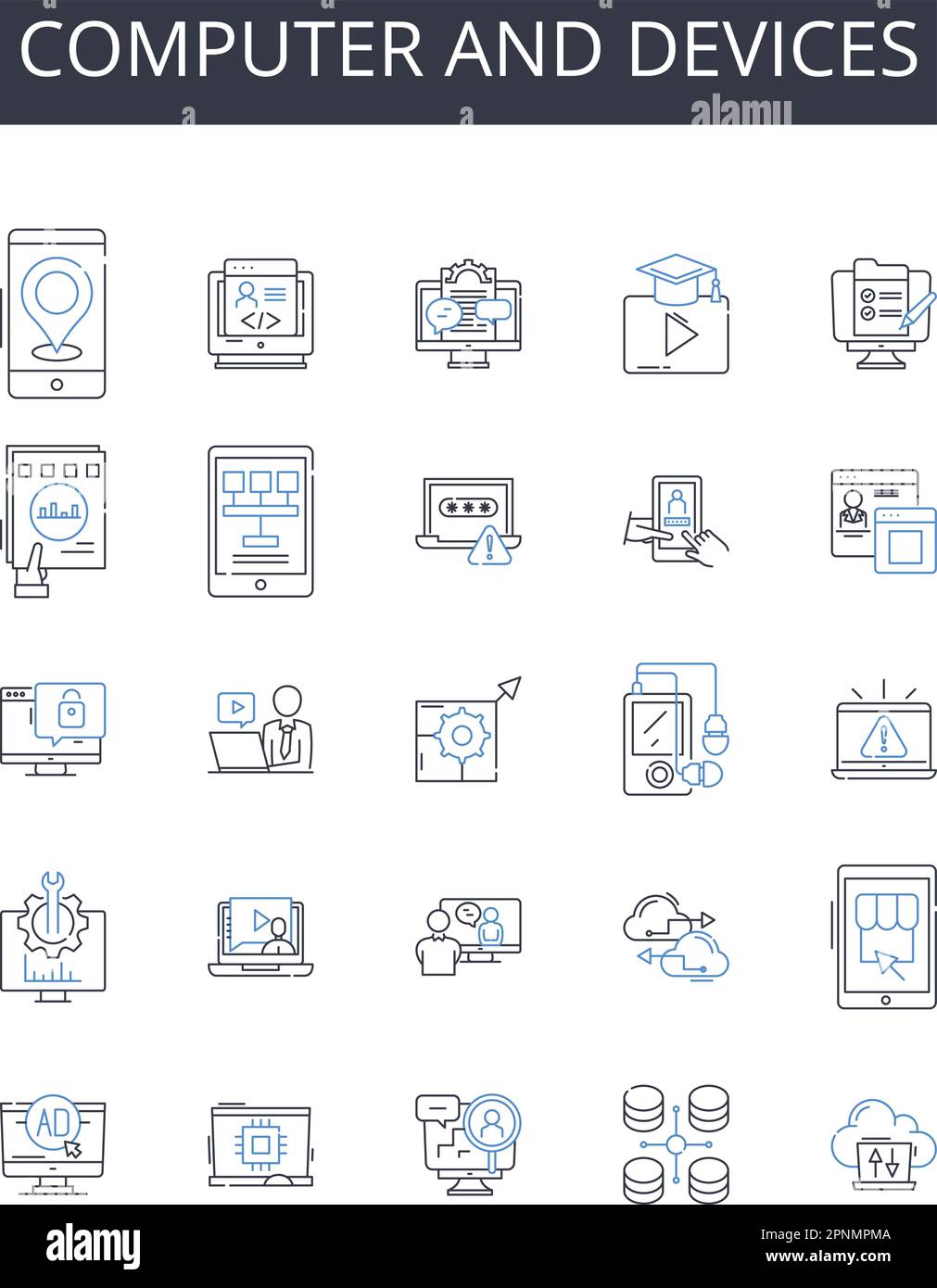Computer and devices line icons collection. PC, laptop, tablet, smartph, smartwatch, desktop, server vector and linear illustration. gaming console Stock Vector