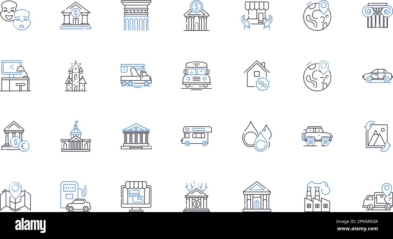 Urban area line icons collection. Downtown, Skyscrapers, Traffic, Noise, Graffiti, Concrete, High-rises vector and linear illustration. Hustle,Bustle Stock Vector