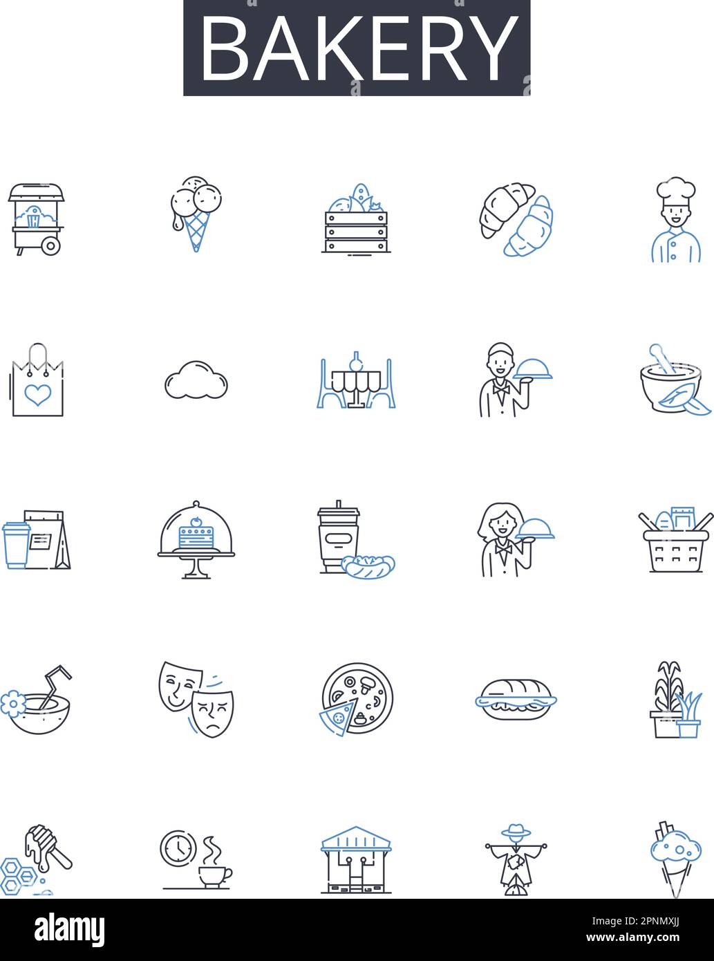 Bakery line icons collection. Pastry shop, Bread store, Cake house, Cookie corner, Sweet factory, Confectiry store, Dessert shop vector and linear Stock Vector