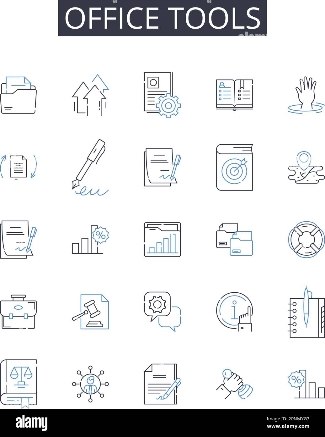Office tools line icons collection. harmony, ensemble, melodic, orchestration, intonation, improvisation, dynamics vector and linear illustration Stock Vector