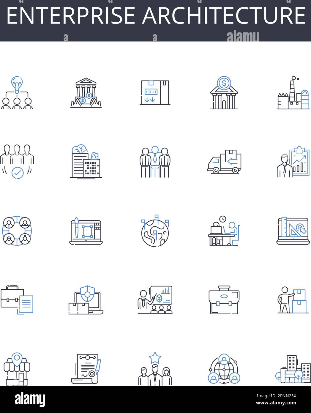 Enterprise architecture line icons collection. Business structure, Corporate blueprint, System analysis, Technical design, Strategic planning Stock Vector