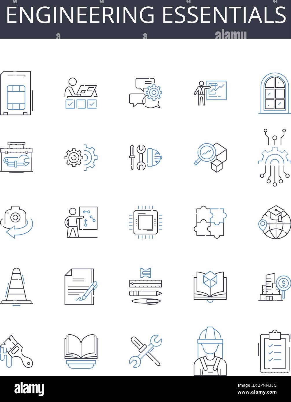 Engineering essentials line icons collection. Globalization, Internationalization, Trade, Logistics, Tariffs, Customs, Freight vector and linear Stock Vector