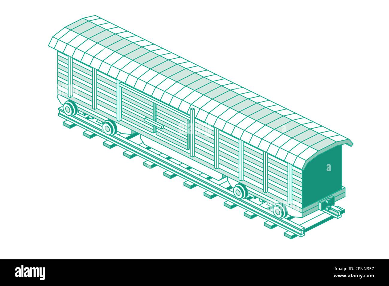 Isometric Freight Railroad Car Isolated on White Background. Vector Illustration. Freight Boxcar Wagon. Part of Cargo Train. Outline Transportation. Stock Vector