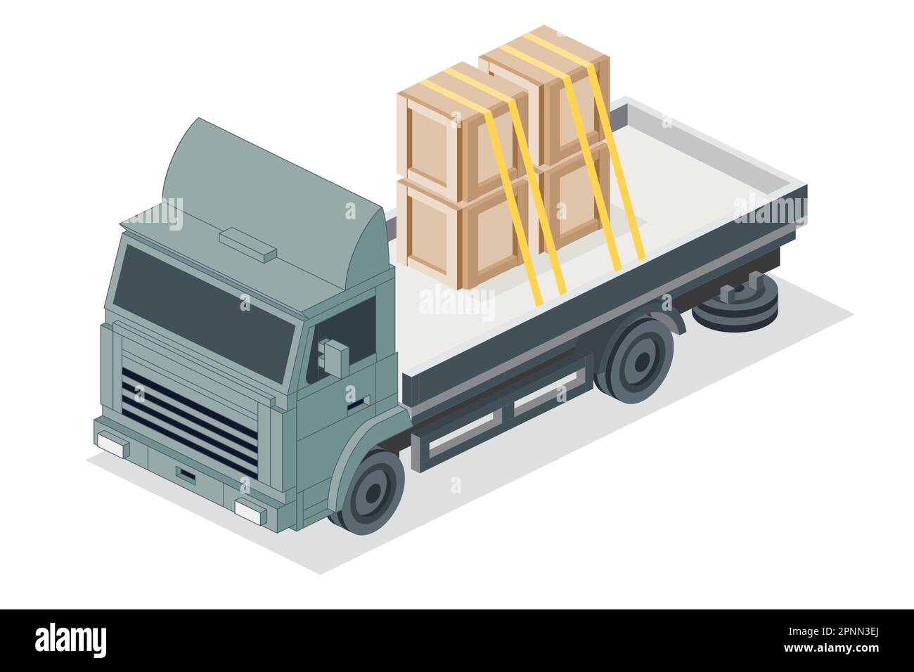 Isometric Flatbed Cargo Truck with Boxes. Commercial Transport. Logistics. City Object for Infographics. Vector Illustration. Car for Carriage of Good Stock Vector