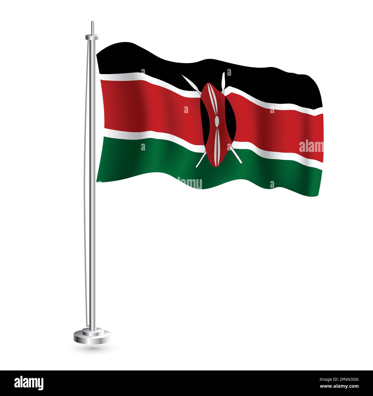 Kenyan Flag. Isolated Realistic Wave Flag of Kenya Country on Flagpole. Vector Illustration. Stock Vector