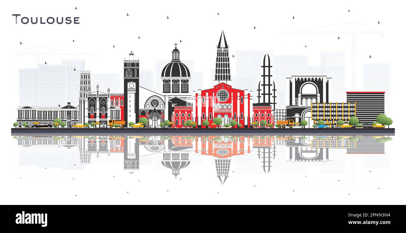 Toulouse France City Skyline with Color Buildings and Reflections Isolated on White. Vector Illustration. Business Travel and Concept. Stock Vector