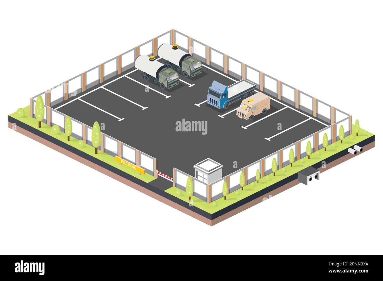 Isometric Parking for Trucks and Cars. Checkpoint with Barrier. Vector Illustration. Stock Vector