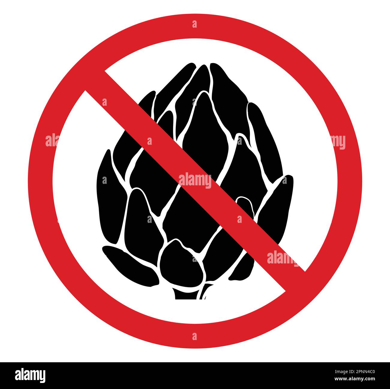Vector prohibited sign with black silhouette of artichoke isolated from background. Allergy danger. Dont pick up vegetable. Forbidden sticker Stock Vector