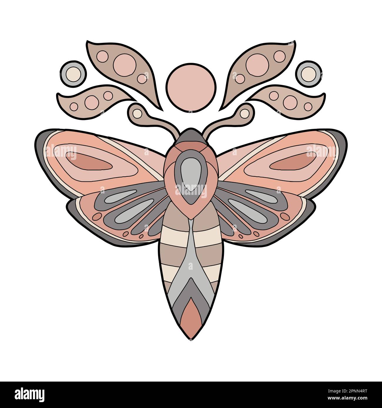 Vector entomology clipart of colorful contour moth with the moon. Color outline butterfly illustration. Line art tracery picture of a flying insect fo Stock Vector