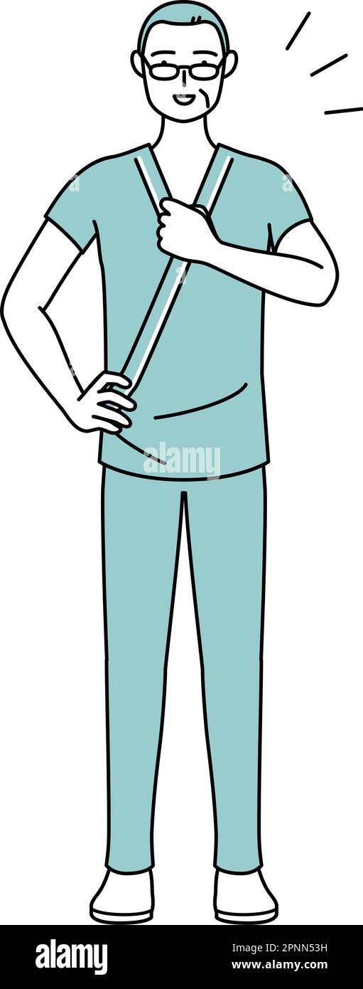 Middle-aged and senior male admitted patient in hospital gown tapping his chest, Vector Illustration Stock Vector