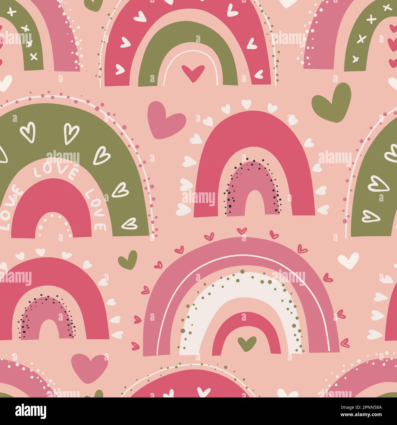 Seamless childish pattern with cute rainbows and rain clouds in doodle ...