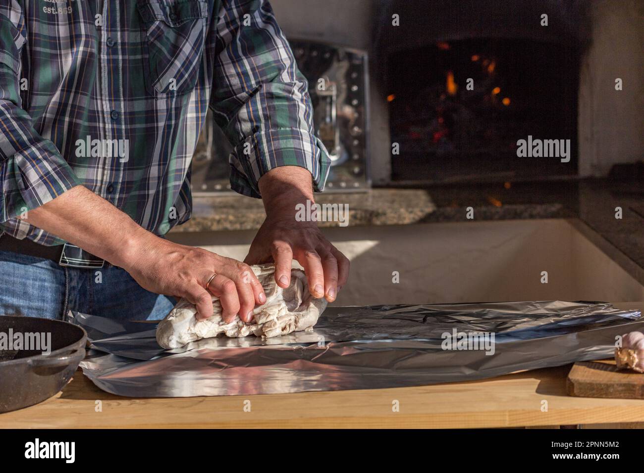 The process of cooking meat. Home Cooking Recipes Stock Photo