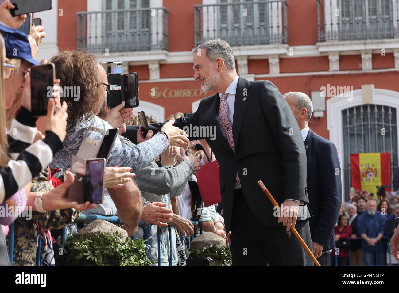 April 19, 2023 (Ronda, Malaga) Felipe VI is received by dozens of people upon his arrival at the bullring to participate in the commemoration of the 450th anniversary of the Real Maestranza de Caballería de Ronda. It was attended by some 2,500 schoolchildren from the Serranía de Ronda. Credit: CORDON PRESS/Alamy Live News Stock Photo