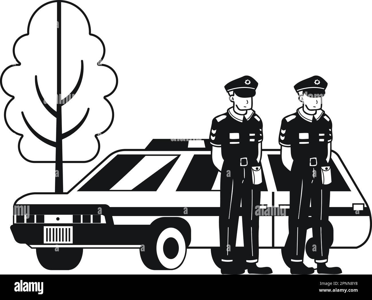 policeman with police car illustration in doodle style isolated on background Stock Vector