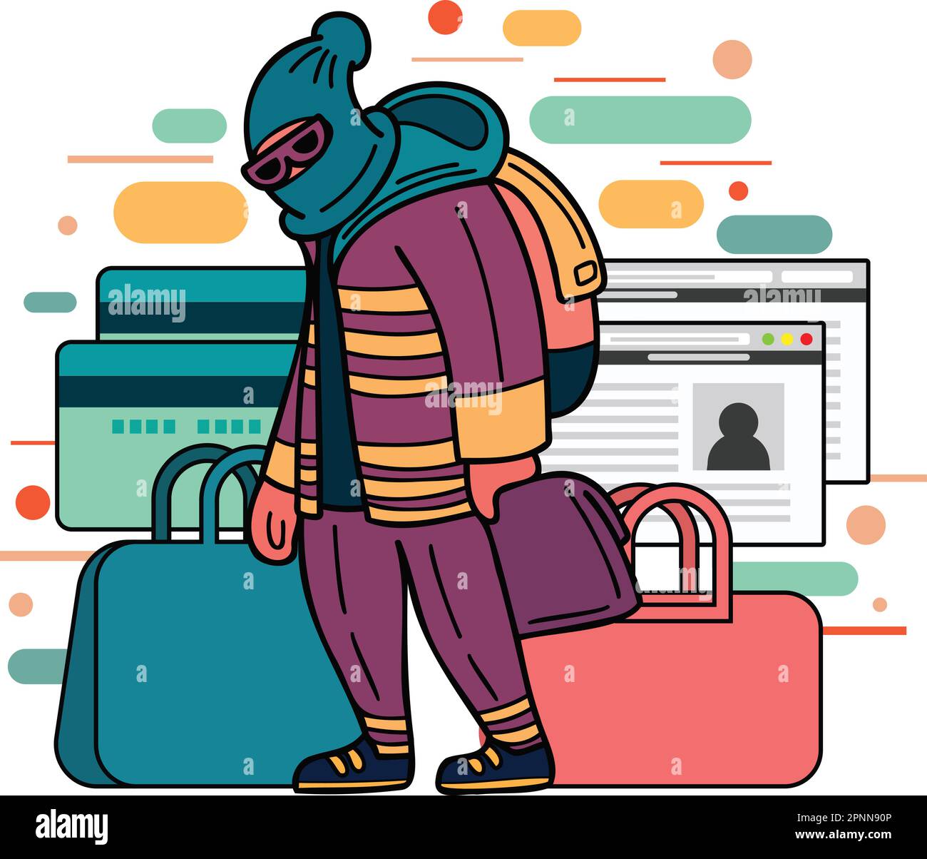 thief with credit card illustration in doodle style isolated on background Stock Vector