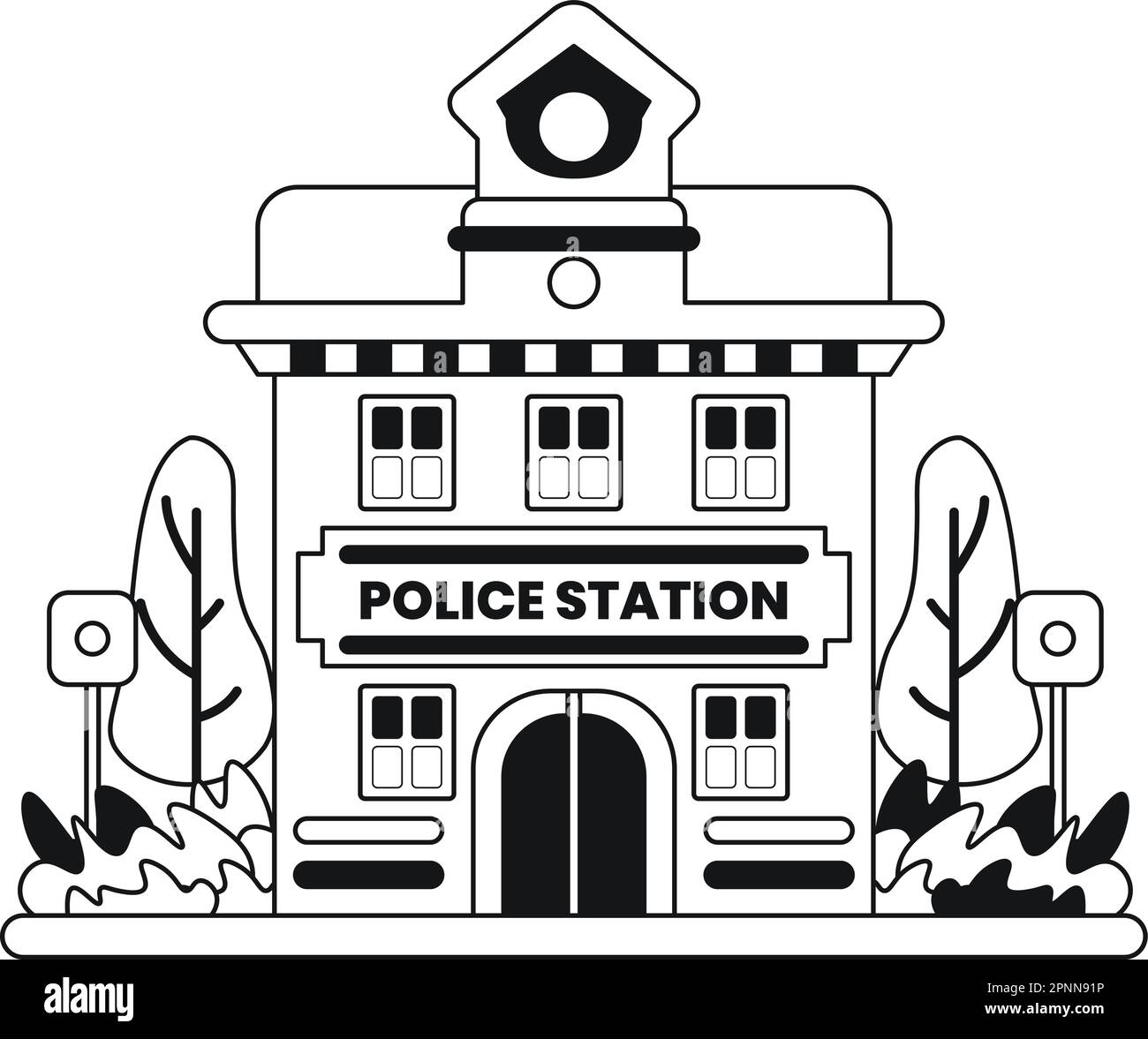 police station building illustration in doodle style isolated on background Stock Vector