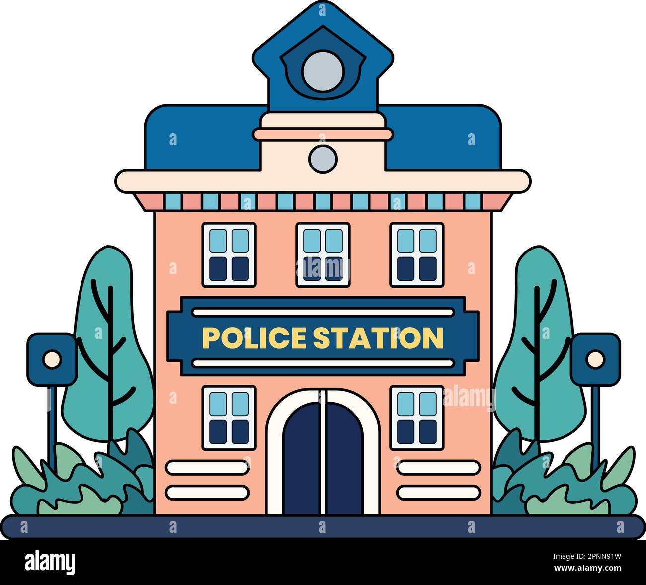 police station building illustration in doodle style isolated on background Stock Vector