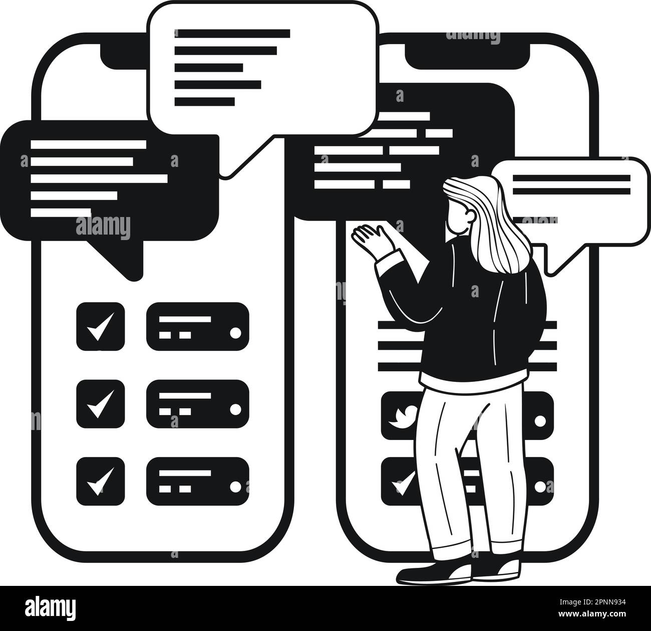 woman with smartphone in social media concept illustration in doodle style isolated on background Stock Vector