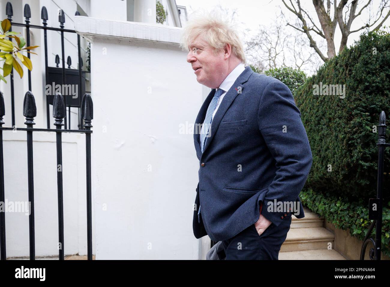Former British Prime Minister Boris Johnson leaves his London home this morning. He has urged the privilege committee to publish evidence his lawyers Stock Photo