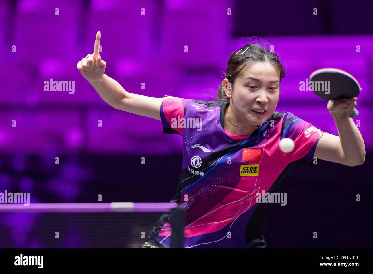 Macao, China. 20th Apr, 2023. Qian Tianyi of China hits a return