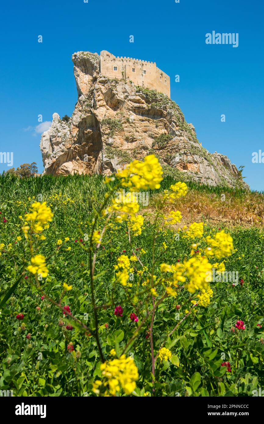 The castle of Mussomeli is a fortress built between the fourteenth and fifteenth centuries, in spring. Caltanissetta, Sicily, Italy. Stock Photo