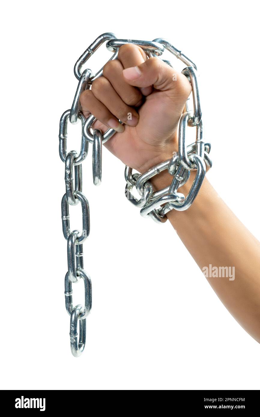 Humans handtied with a chain of metal steel isolated over white