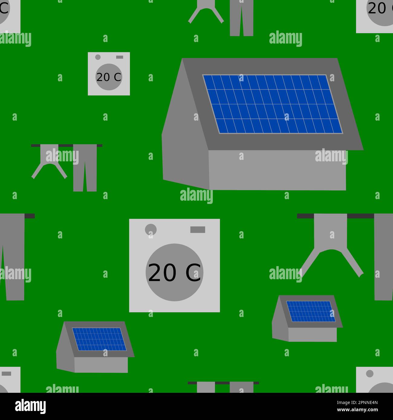 seamless vector pattern : laundry savings icons with solar panels, washing machine at 20 degrees and clothes drying on the clothesline Stock Vector