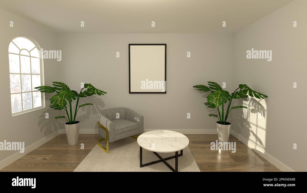 A 3D rendering of a cozy living room interior with a gray armchair ...