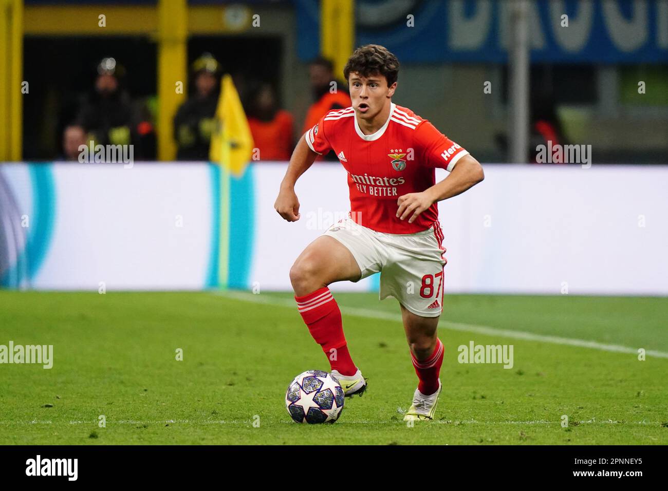 Milan, Italy - April 19, 2023 Joao Neves (SL Benfica) during the UEFA Champions League, Quarter-finals, 2nd leg football match between FC Internazionale and SL Benfica on April 19, 2023 at Giuseppe Meazza stadium in Milan, Italy - Photo Luca Rossini / E-Mage Stock Photo