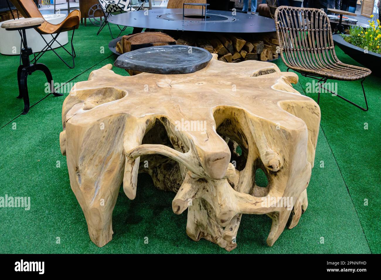 A table made of tree roots. Creative coffee table Stock Photo Alamy