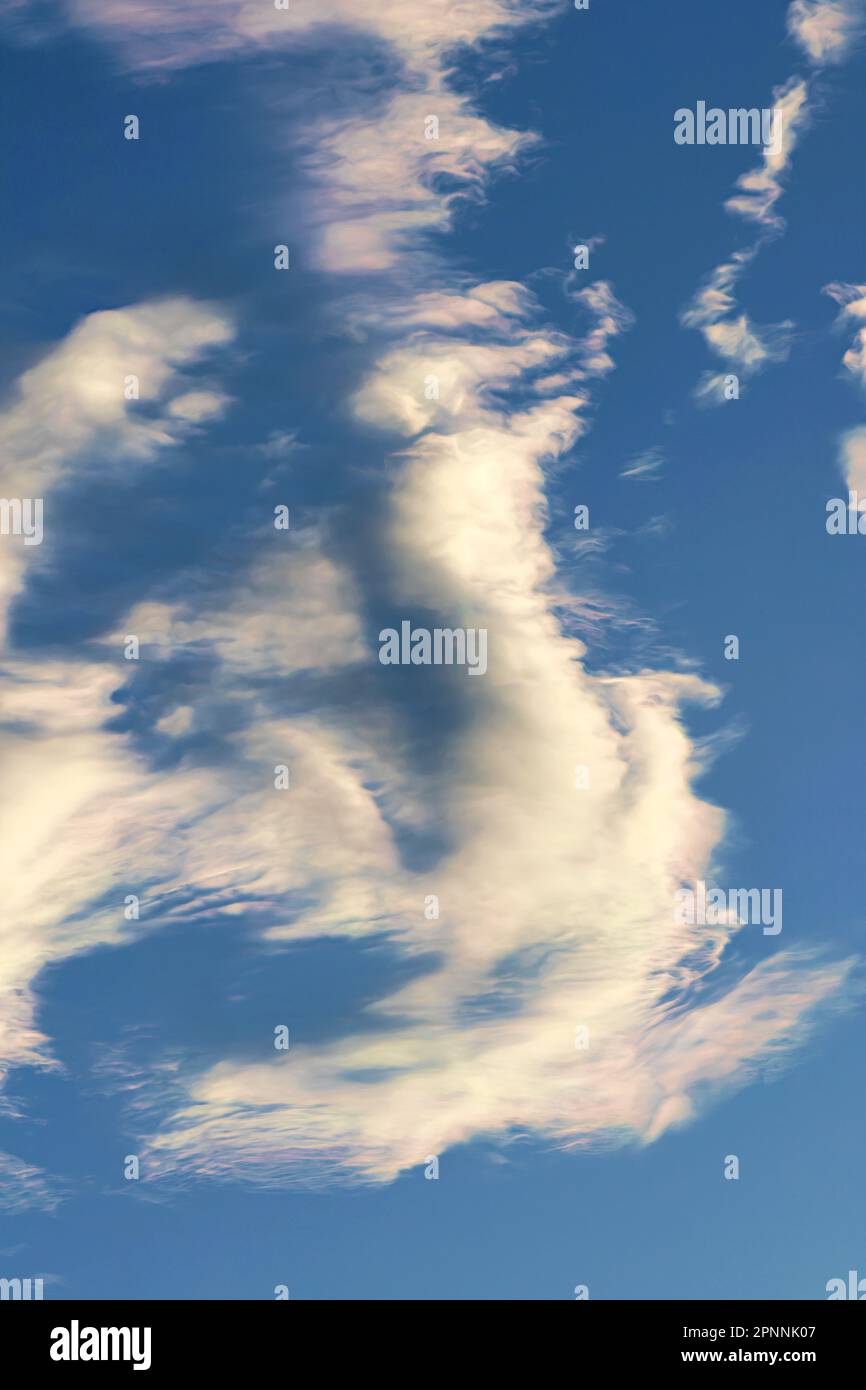 Moving clouds up in the very blue sky. Stock Photo