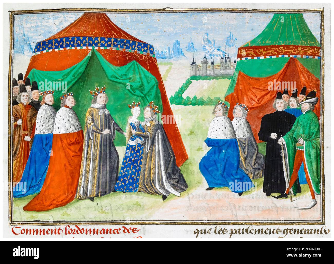 King Richard II of England (1367-1400), receiving his new wife Isabella of France (1389-1409) from her father King Charles VI of France (1368-1422) in a meeting at Ardres near Calais. Isabella of Valois was only six years old, Richard was twenty nine, miniature illuminated manuscript painting by Jean Froissart, 1470-1472 Stock Photo
