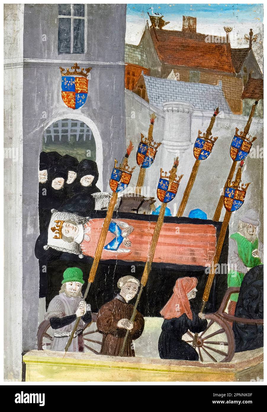 The Funeral of King Richard II of England (1367-1400) on the 6th March 1400, miniature illuminated manuscript painting by Jean Froissart, 1470-1472 Stock Photo