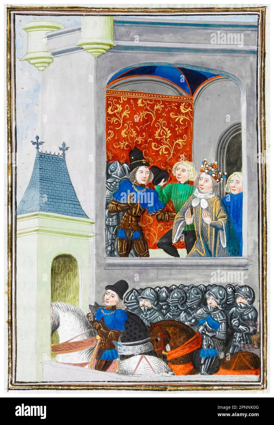 King Richard II of England (1367-1400) surrenders to Henry of Bolingbroke (later, Henry IV of England) at Flint Castle in Wales on the 19th August 1399, miniature illuminated manuscript painting by Jean Froissart, 1470-1472 Stock Photo