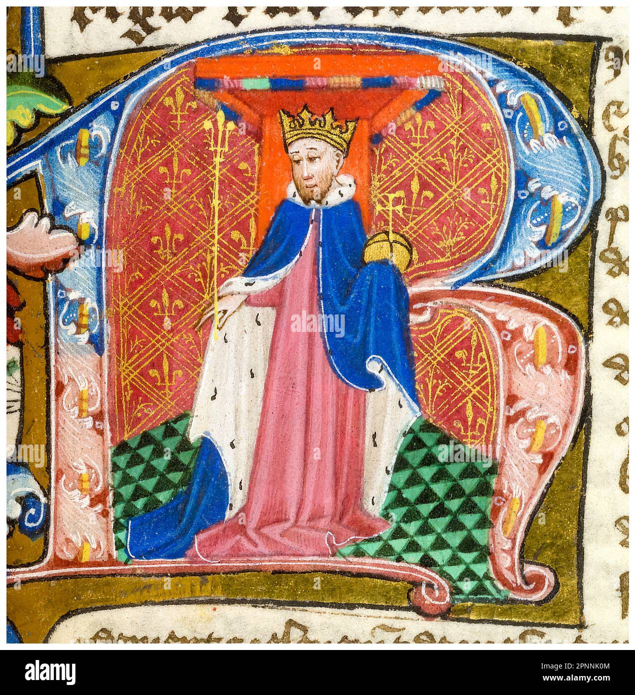 Richard II of England (1367-1400) also known as Richard of Bordeaux, King of England (1377-1399), wearing a crown, ermine robe and holding an orb and sceptre illustrated in an historiated initial R, miniature illuminated manuscript portrait painting, 1451-1480 Stock Photo