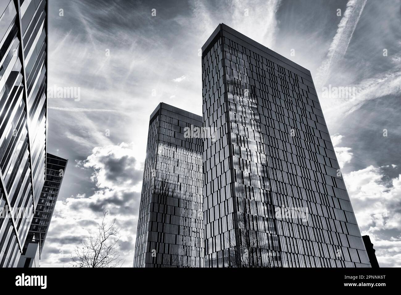 Court of Justice of the European Union, ECJ, office towers backlit, monochrome, modern architecture in the Kirchberg-Plateau European Quarter Stock Photo
