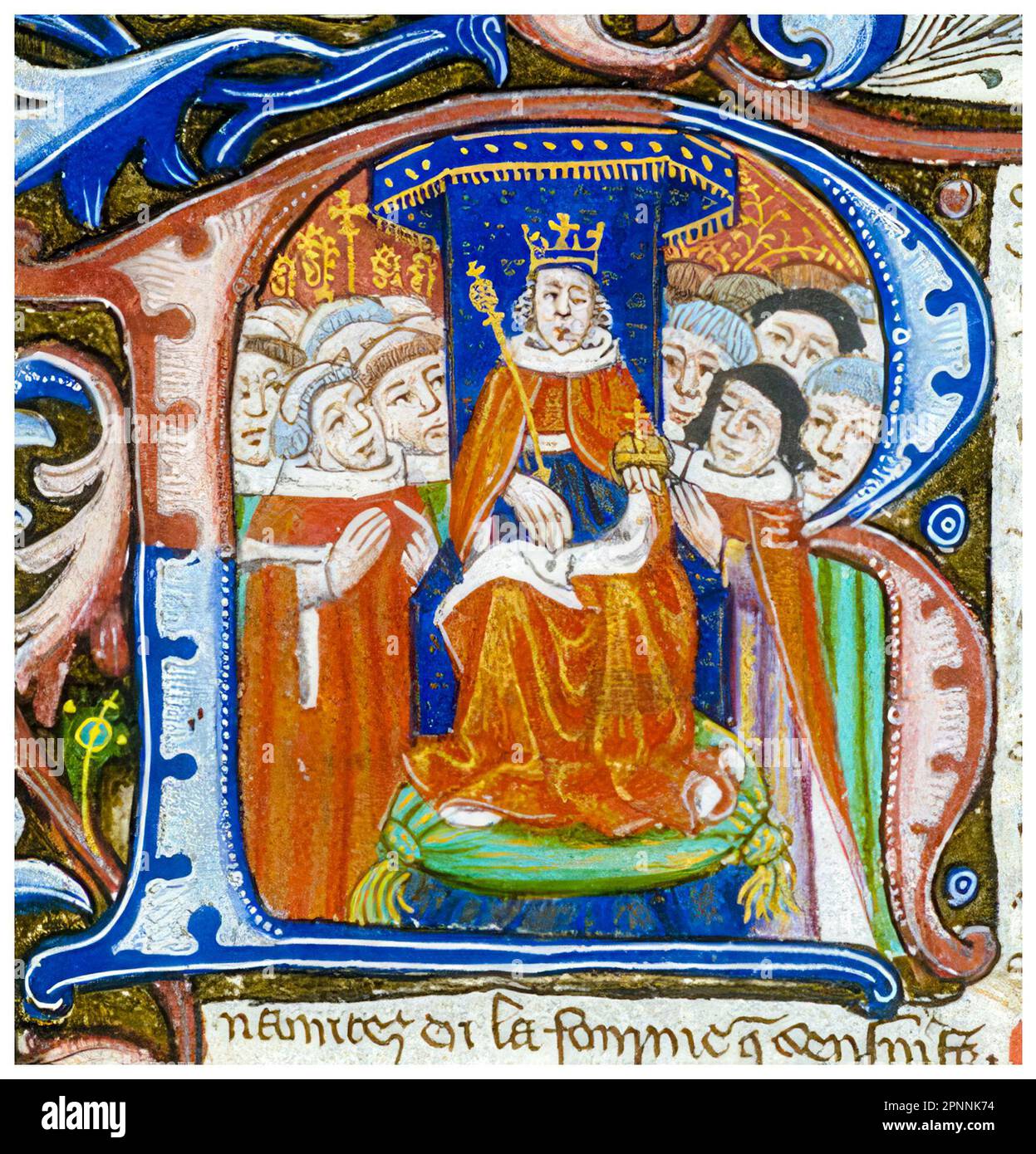 Richard III of England (1452-1485), King of England (1483-1485), enthroned wearing a crown, ermine robe and holding an orb and sceptre, illustrated in an historiated initial R, miniature illuminated manuscript portrait painting, 1488-1489 Stock Photo