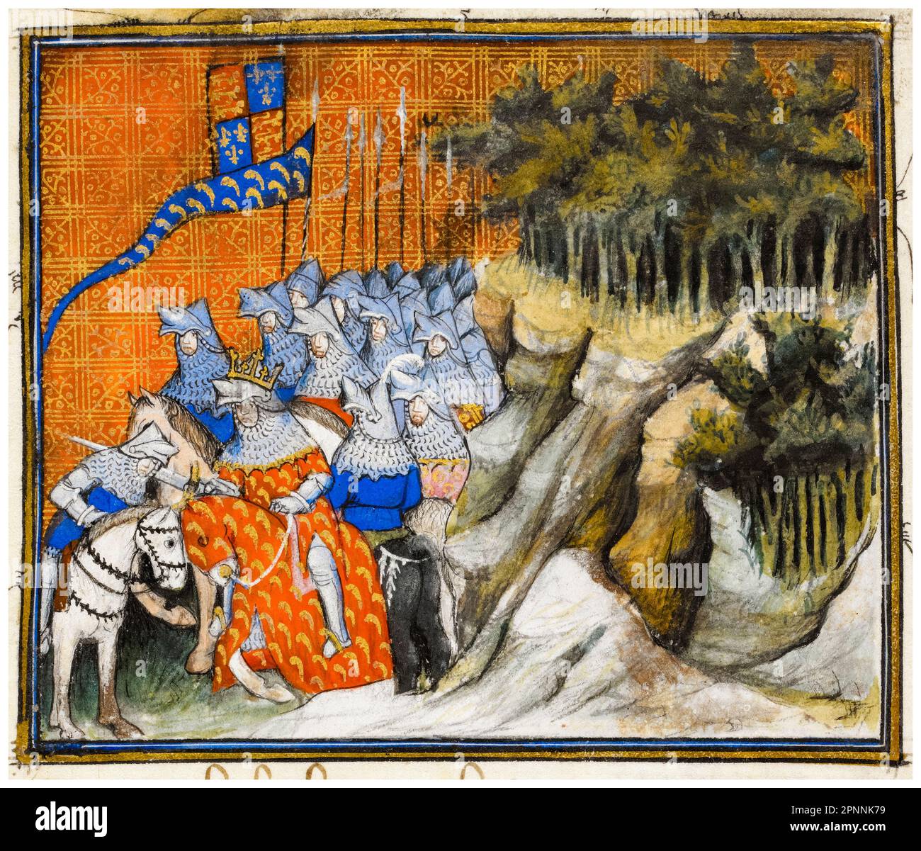 King Richard II of England (1367-1400) knighting Henry of Monmouth (1386-1422) (later, Henry V of England) during a campaign in Ireland, miniature illuminated manuscript painting, 1401-1405 Stock Photo