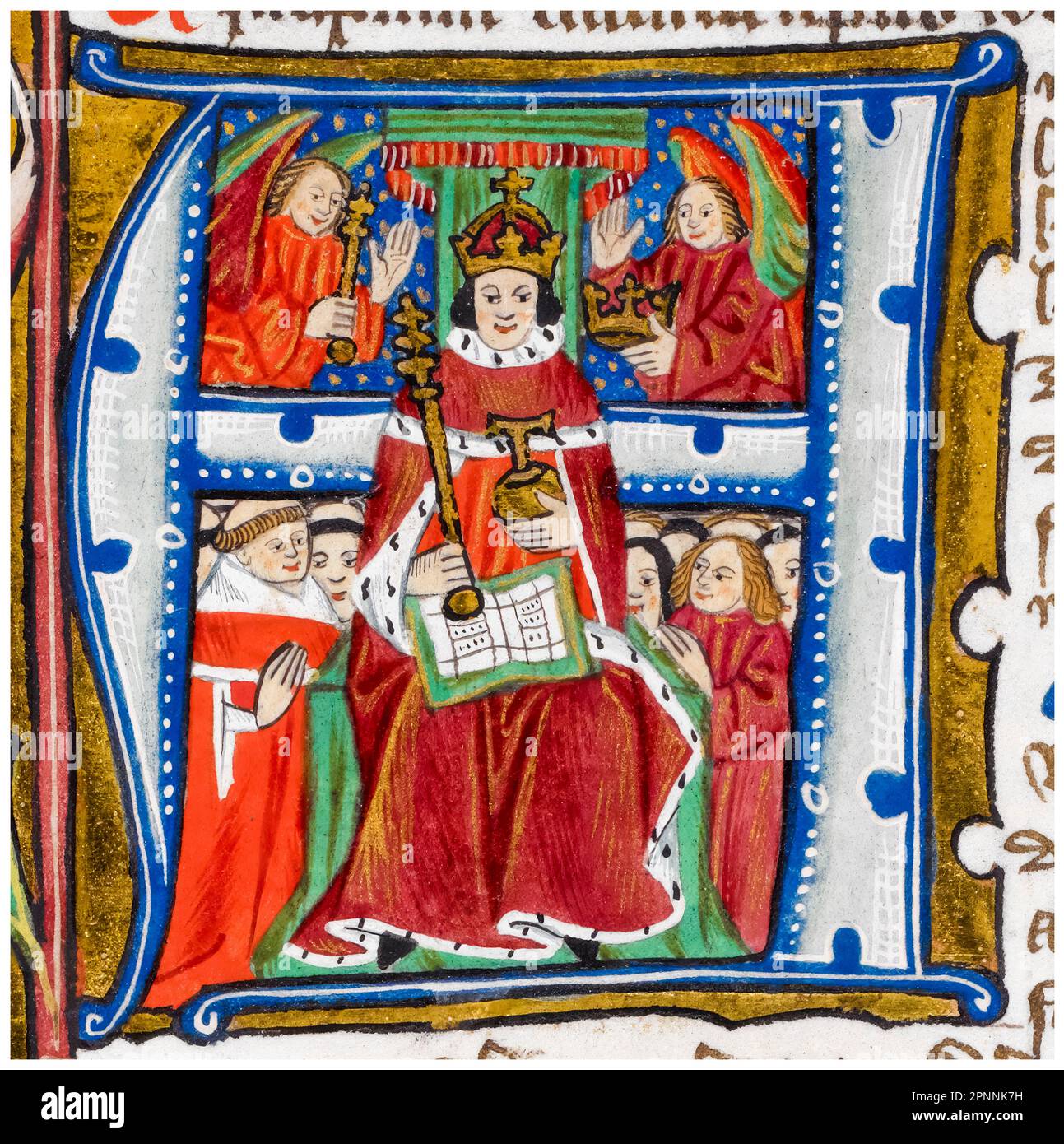 Henry VI of England (1421-1471), King of England (1422-1461) and (1470-1471), disputed King of France (1422-1453), wearing a crown, ermine robe and holding an orb and sceptre, illustrated in an historiated initial A and surrounded by Angels, miniature illuminated manuscript portrait painting by The Placentius Master, 1488-1489 Stock Photo