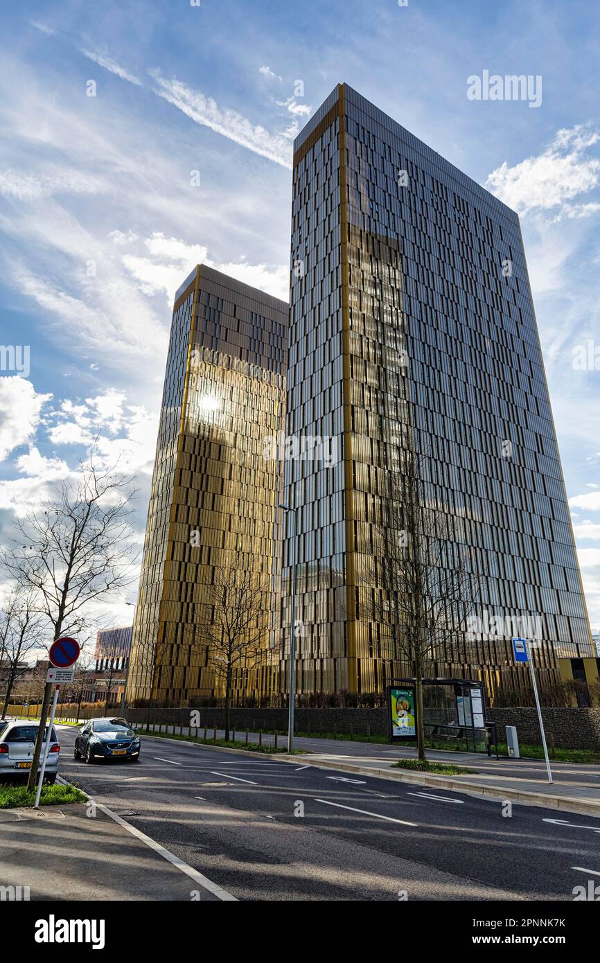 Court of Justice of the European Union, ECJ, backlit office towers, modern architecture in the Kirchberg-Plateau European Quarter, Luxembourg Stock Photo