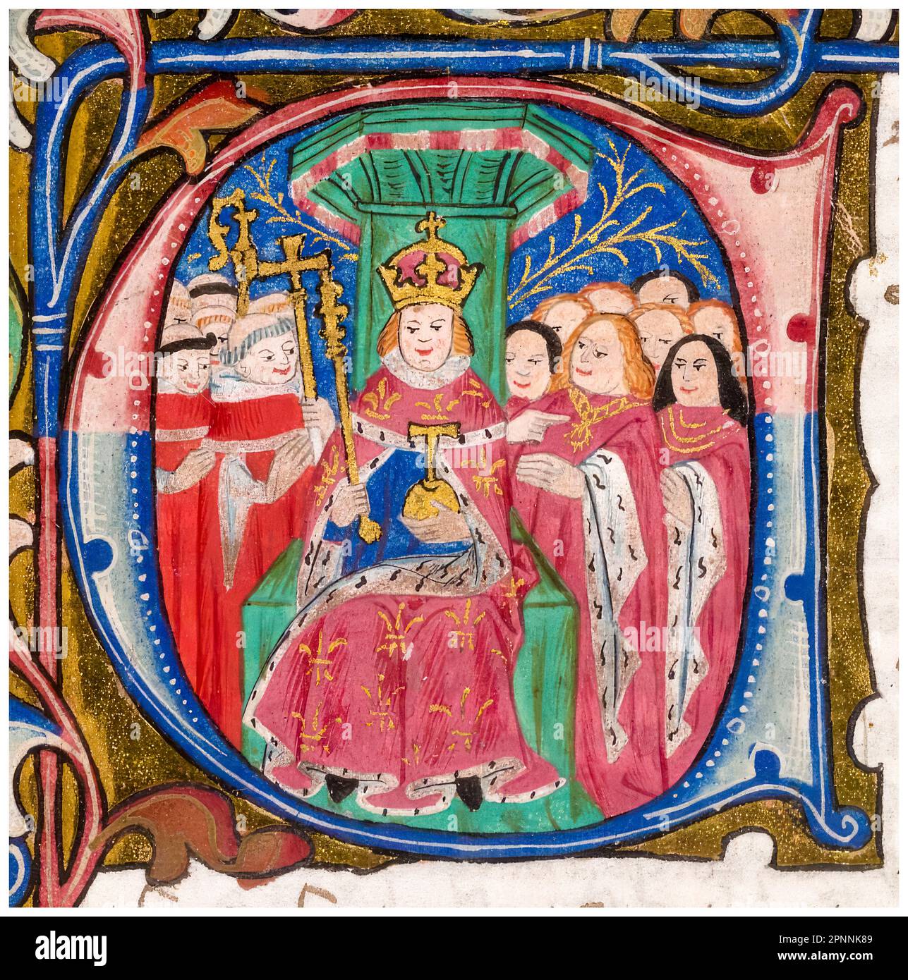 Edward III of England (1312-1377), King of England (1327-1377), enthroned wearing a crown, ermine robe and holding an orb and sceptre, illustrated in an historiated initial C, miniature illuminated manuscript portrait painting by The Placentius Master, 1488-1489 Stock Photo