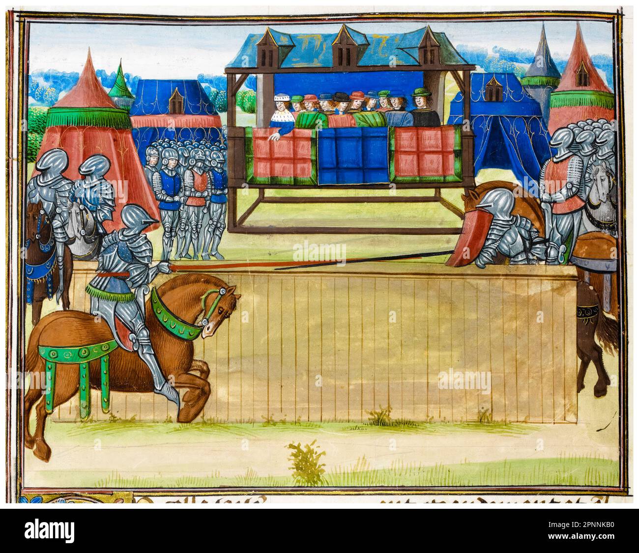 Two Knights in Armour Jousting on horseback at a Medieval tournament, illuminated manuscript painting by Jean Froissart, circa 1480 Stock Photo