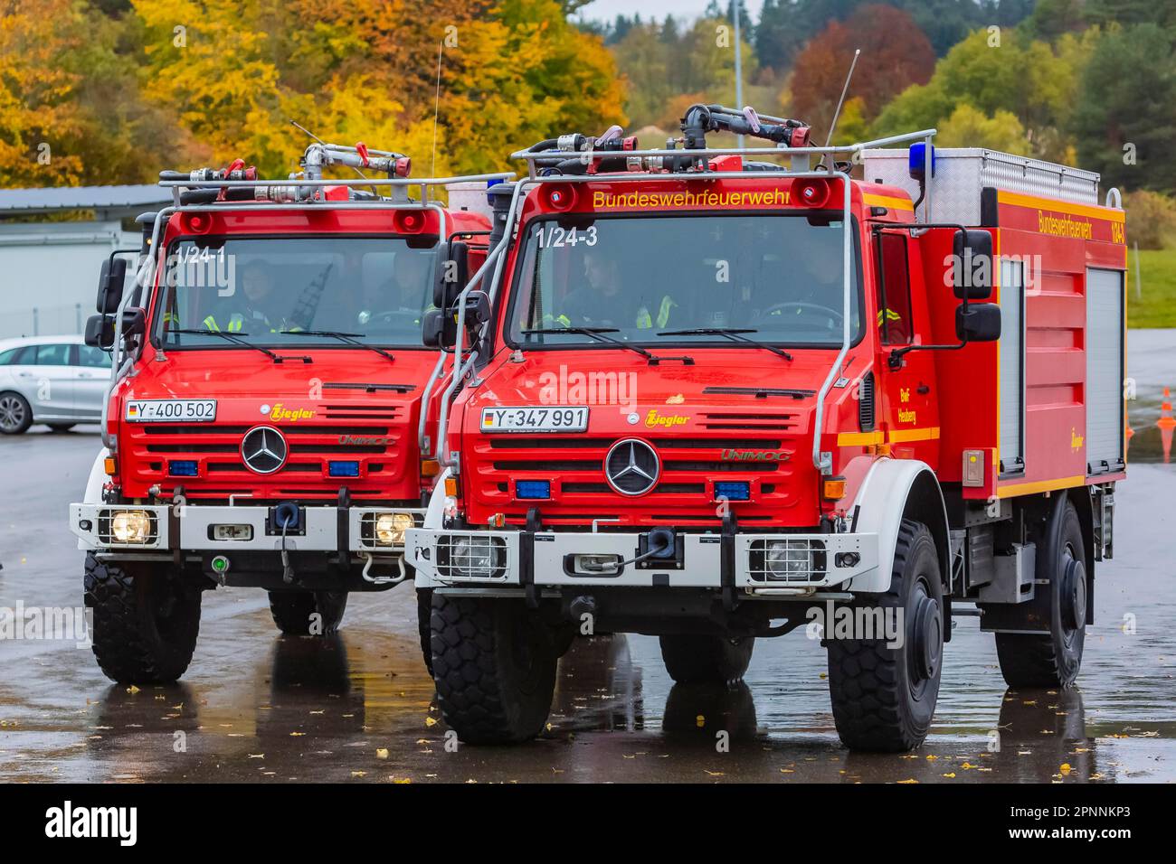 Fire brigade of the German Federal Armed Forces, fire engine type Unimog, Stetten am kalten Markt, Baden-Wuerttemberg, Germany Stock Photo