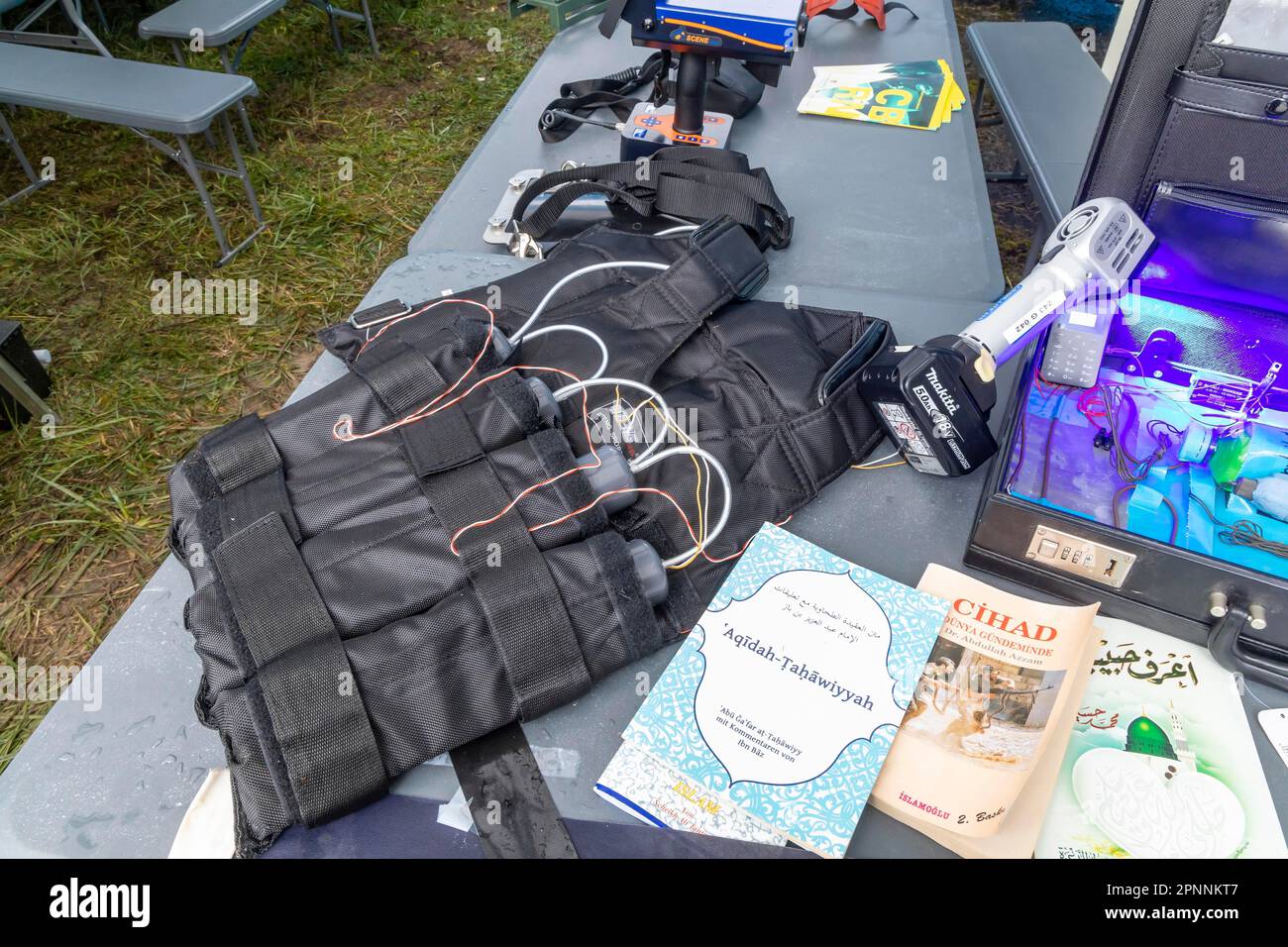 Explosive belt, suitcase with explosives, Islamist literature on jihad, documentation by the Baden-Wuerttemberg State Criminal Police Office, Stetten Stock Photo